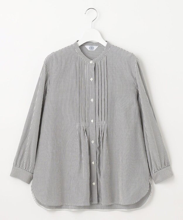 J.PRESS LADIES 【洗える】 コットンアセVis ストライプ バンドカラー ブラウス ネイビー系1