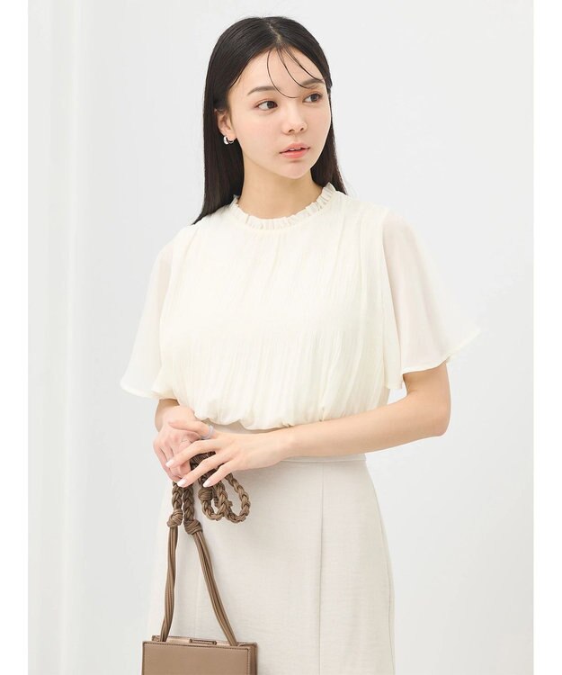 earth music&ecology マジョリカプリーツ半袖ブラウス Ivory