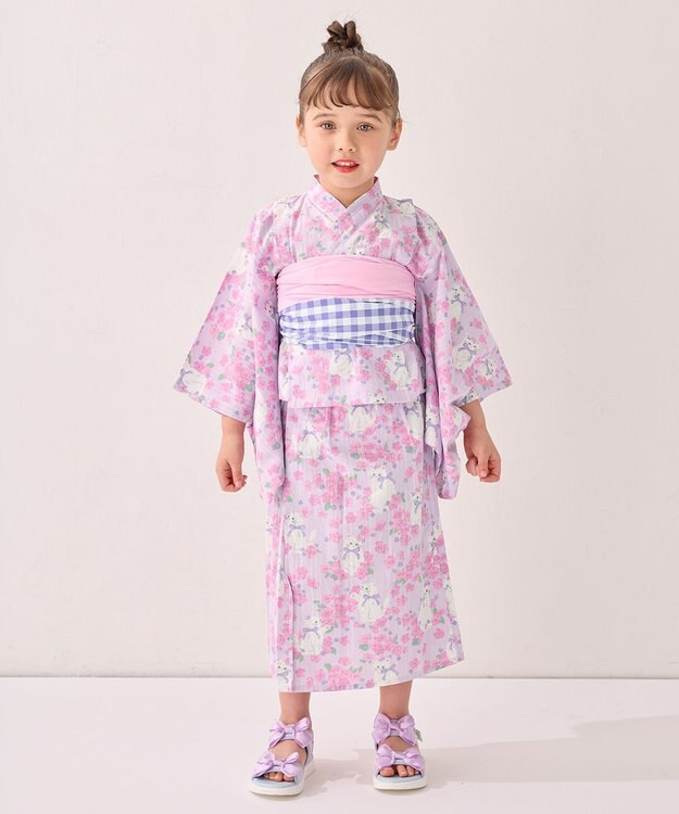 ANY KIDS 3WAY ロング丈 浴衣 セット ラベンダー×白ネコ
