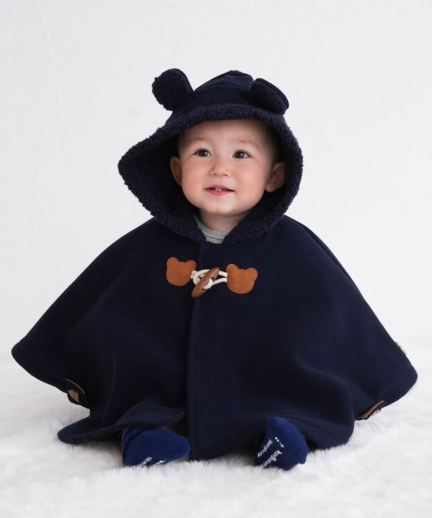 MIKI HOUSE HOT BISCUITS 【70-90cm】 お耳付きボアフリース ダッフルマント 紺