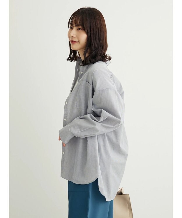 Green Parks 胸元ポケットイージーケアストライプシャツ Dark Navy