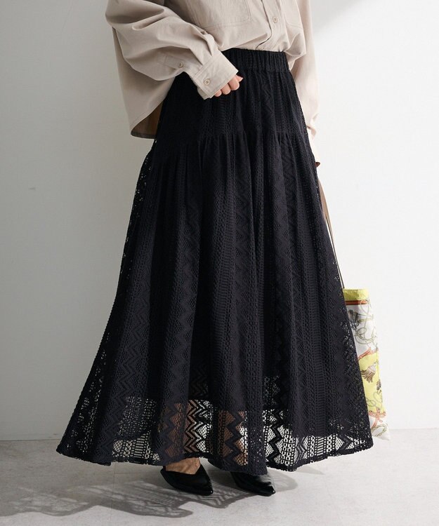 Green Parks ラウンド切替インドコットンレーススカート Black