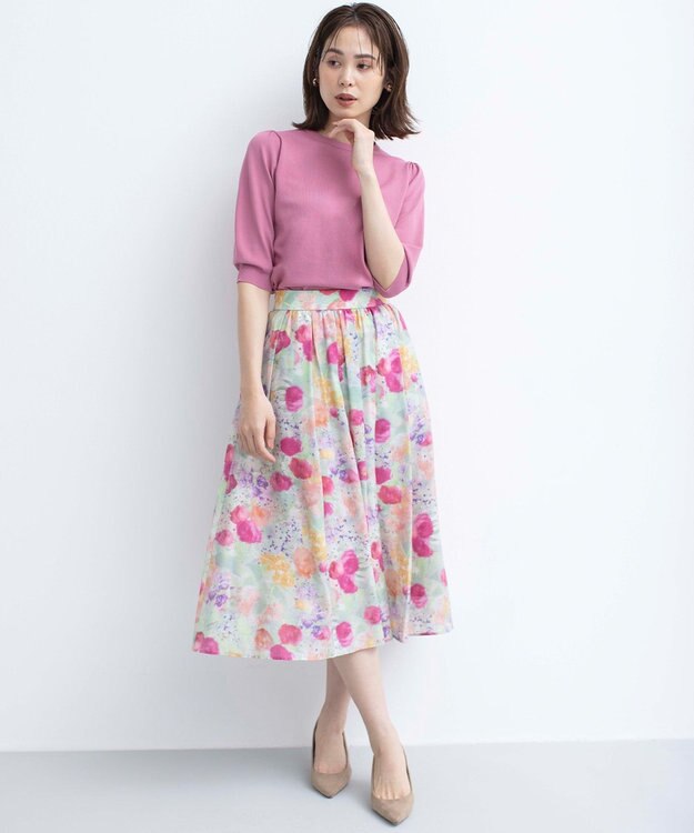 組曲 ピオニーシフォンプリント フレアスカート ピンク系5