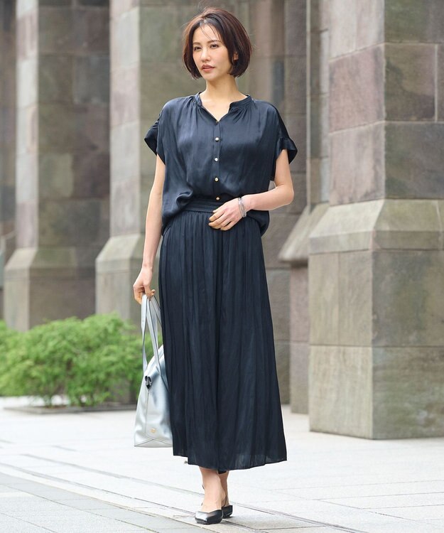 自由区 【ウエストゴム・長さ調整可・洗える・XSサイズあり】ビンテージサテン ガウチョパンツ ネイビー系