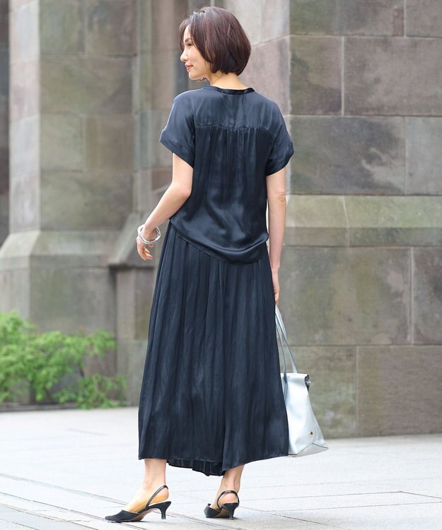 自由区 【ウエストゴム・長さ調整可・洗える・XSサイズあり】ビンテージサテン ガウチョパンツ ネイビー系