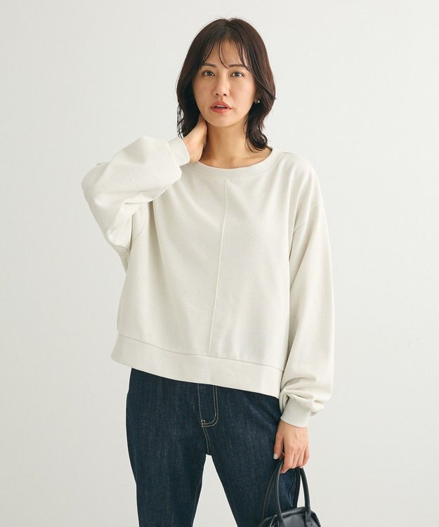 Green Parks ショート丈ラメ裏毛ボートネックプルオーバー Ivory