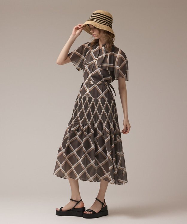 GRACE CONTINENTAL チェックプリントプリーツワンピース ブラウン