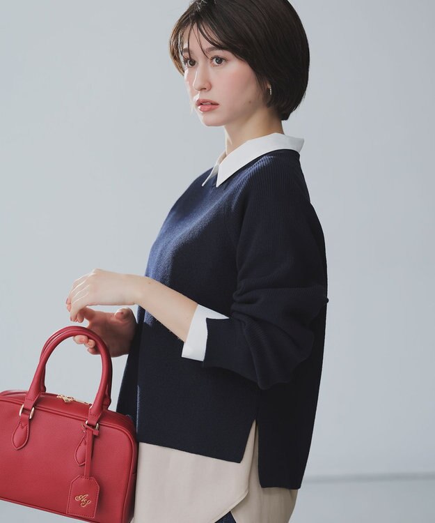 ANY SIS L ニットレイヤード シャツ ツインセット ネイビー×グレージュ