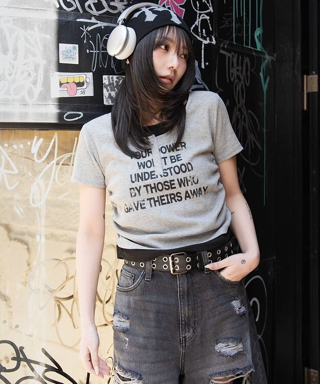 WEGO レイヤードグラフィックT 杢グレー