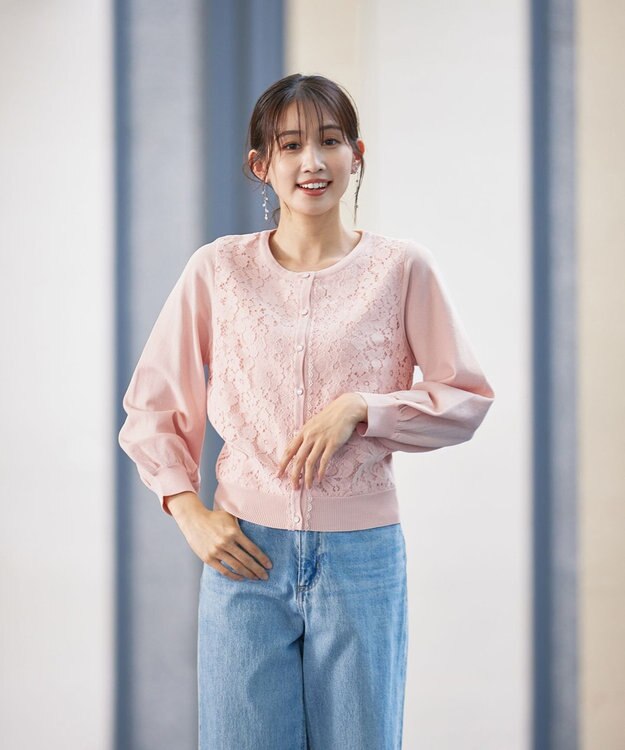 Tiaclasse 【洗える】7分袖前身レースカーディガン ピンク