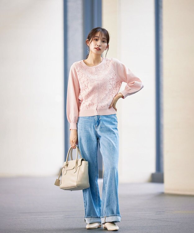 Tiaclasse 【洗える】7分袖前身レースカーディガン ピンク