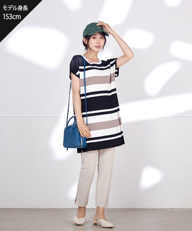 Tiaclasse L 【洗える】マルチボーダーフレンチニットチュニック ブラック×オフ×モカ