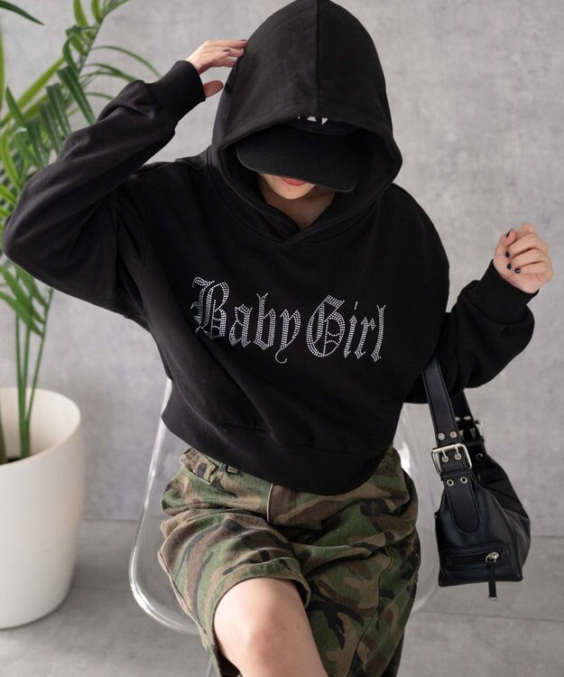 WEGO ラインストーンショートプルパーカー ブラック