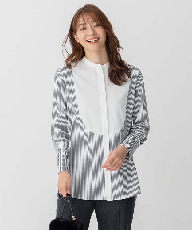 自由区 【洗える】ストレッチシャーティング ブザムシャツ ブルー系1