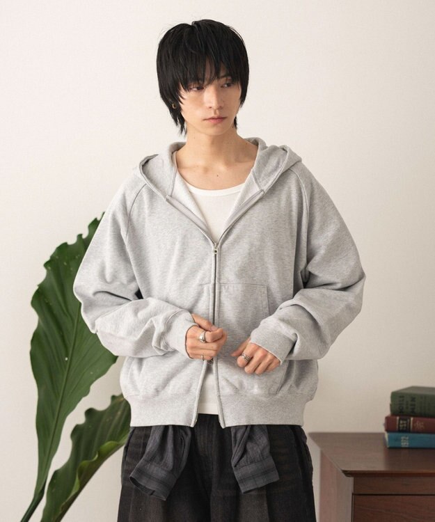 WEGO ショートZIPパーカー 杢グレー
