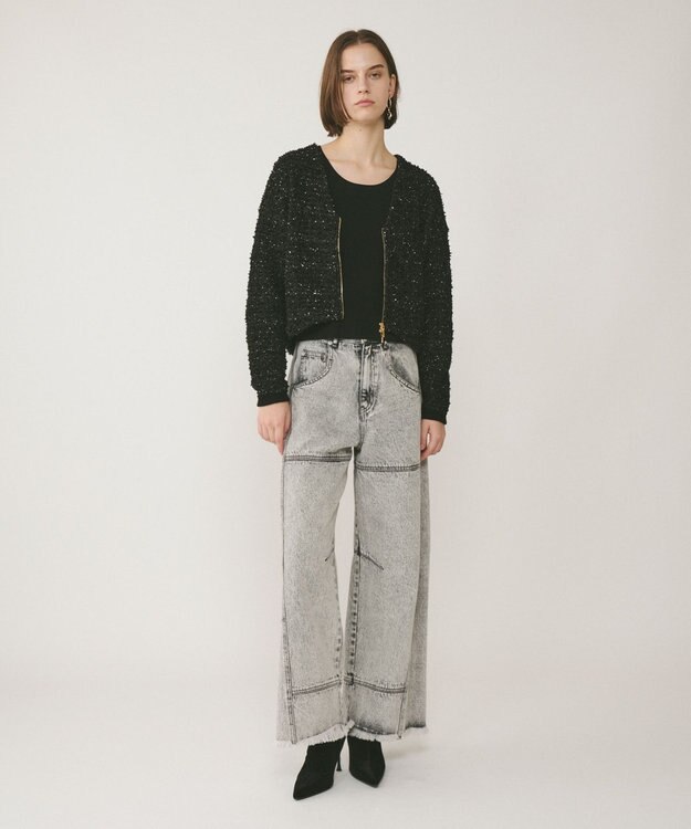 GRACE CONTINENTAL ツイードニットzipカーディガン ブラック