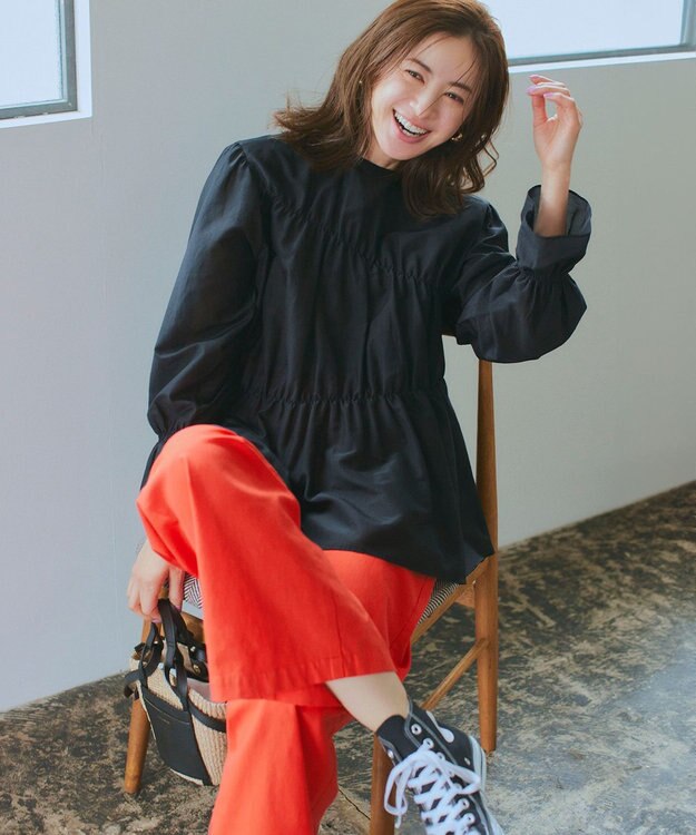 23区 【洗える】スラブツイルストレッチ ワイド パンツ レッド系