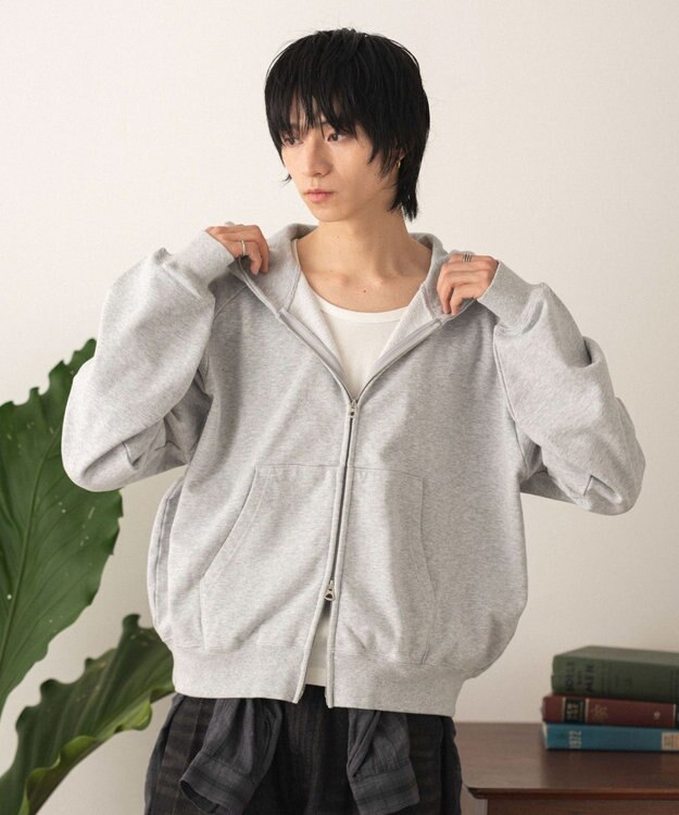 WEGO ショートZIPパーカー 杢グレー