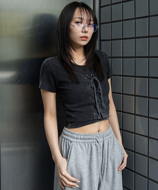 WEGO ヴィンテージライクレースアップT スミクロ