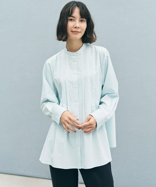 UNFILO 【セレモニー】バンドカラー タックブラウス ミントブルー