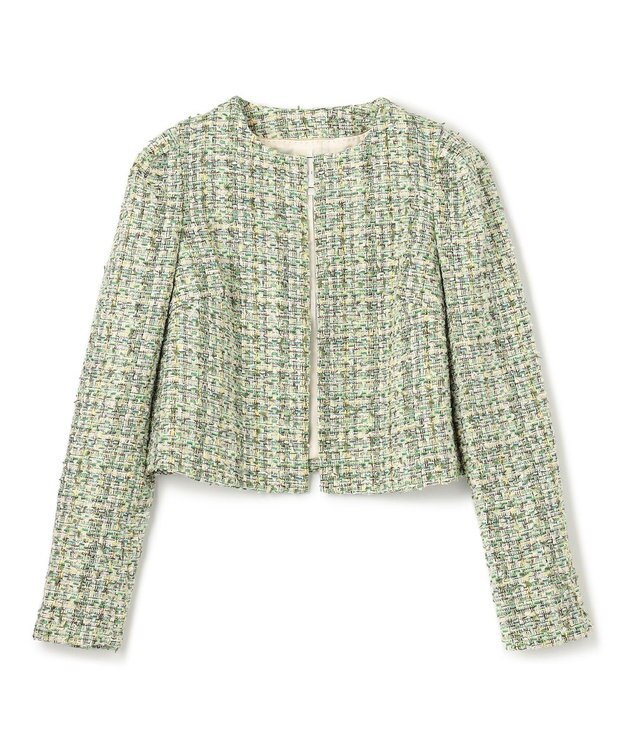 BEIGE， TEASEL / ノーカラーツイードショートジャケット GREEN MIX