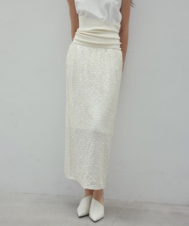 BEIGE， 【洗える】ALYSSUME / スパンコールストレッチニットスカート Ecru