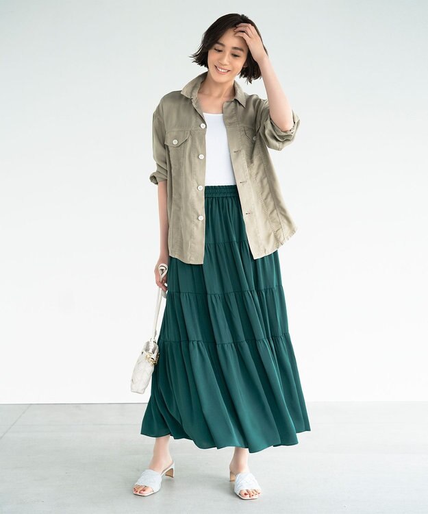 自由区 【洗える/着丈調節可】カラー ティアードスカート グリーン系