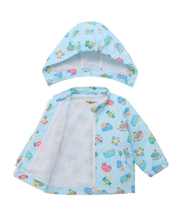 MIKI HOUSE HOT BISCUITS 【80-120cm】ビーンズ×乗り物 総柄ウインドブレーカー サックス