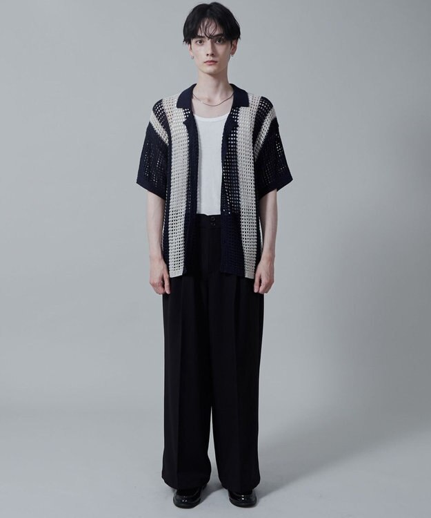 WEGO マルチストライプニットシャツ（S） ネイビー