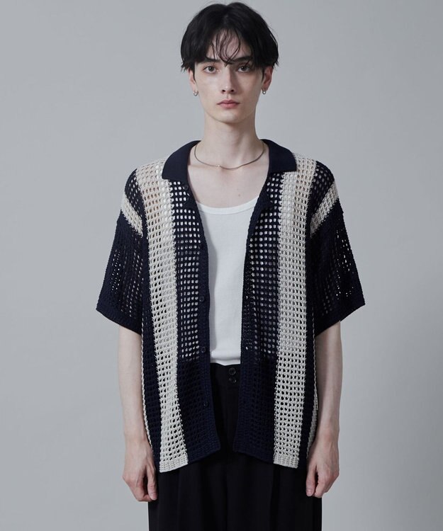 WEGO マルチストライプニットシャツ（S） ネイビー