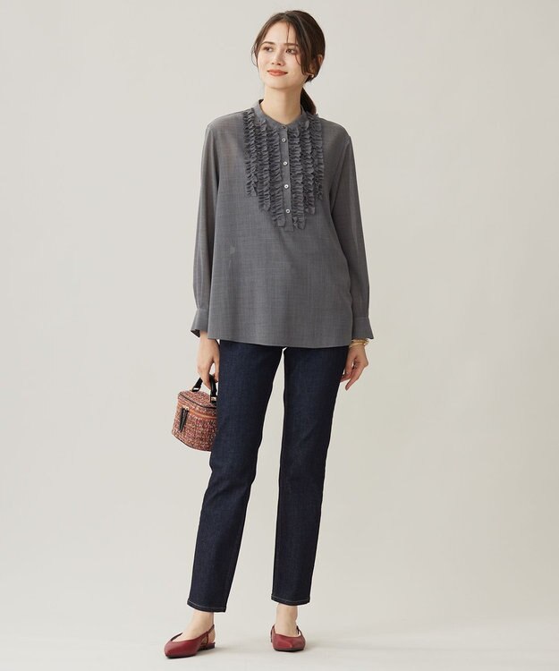 自由区 【セットアップ対応・洗える】ハイツイストビエラフロントフリル ブラウス TOPグレー