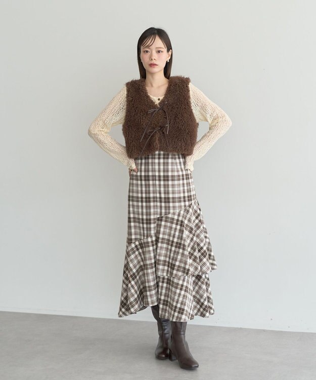 earth music&ecology ティアードイレヘムスカート Check Brown