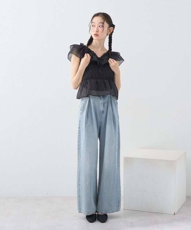 earth music&ecology ダブルフリルノースリブラウス Black