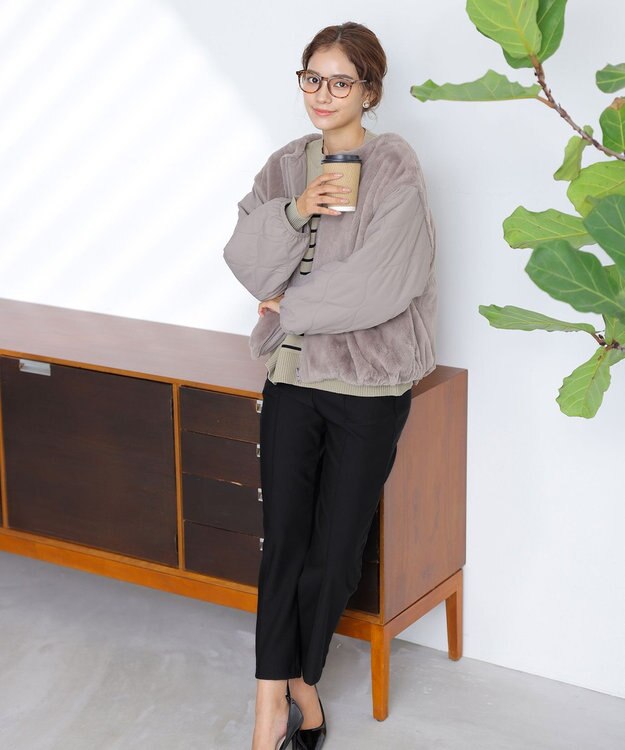 Tiaclasse 【洗える】ボーダー柄スポンジニットトップス グレージュ