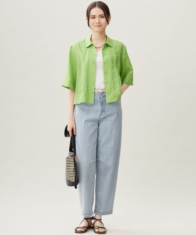 自由区 【カタログ掲載・接触冷感・洗える】シアーラミーローンクロップド丈 ブラウス リーフグリーン