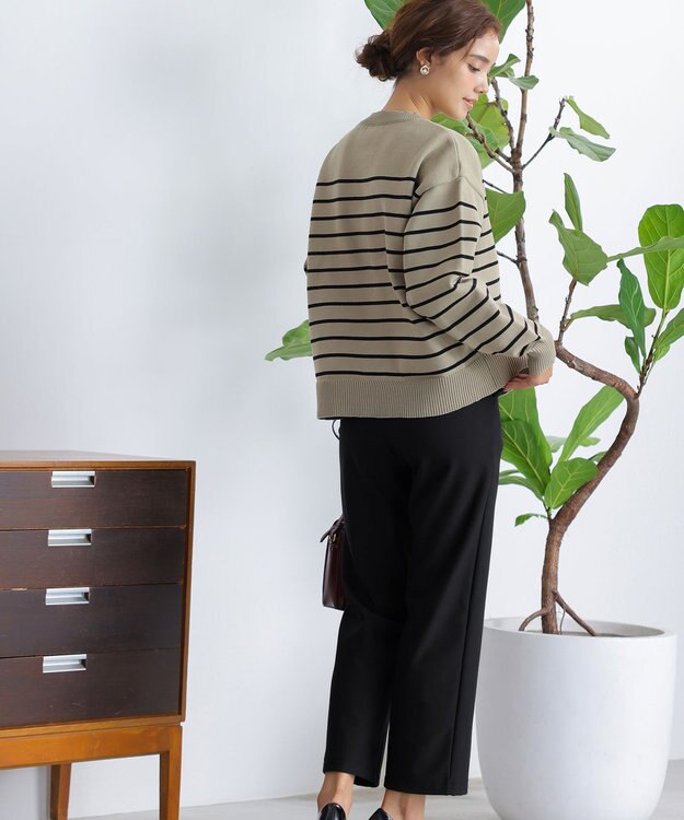 Tiaclasse 【洗える】ボーダー柄スポンジニットトップス グレージュ