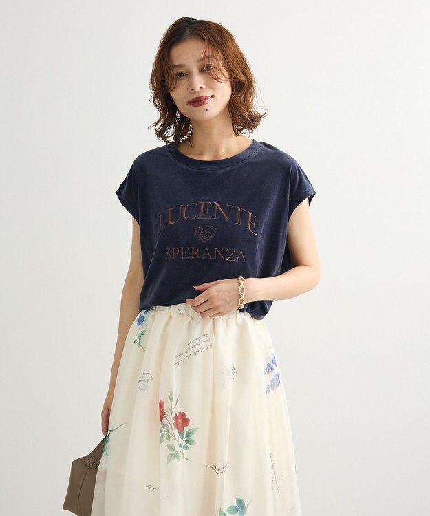 Green Parks ベロアロゴフレンチスリーブチュニック Navy