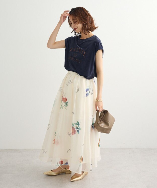 Green Parks ベロアロゴフレンチスリーブチュニック Navy