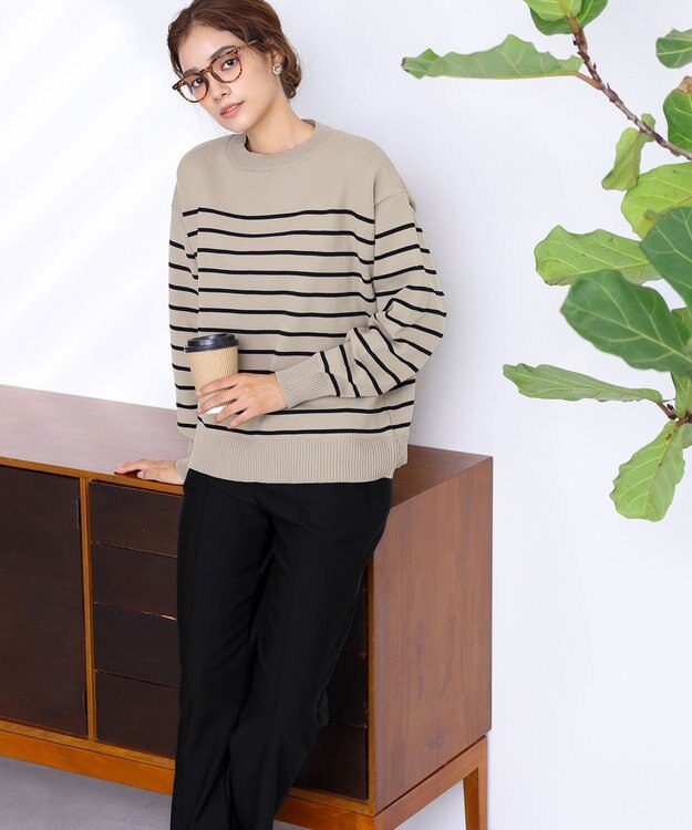 Tiaclasse 【洗える】ボーダー柄スポンジニットトップス グレージュ