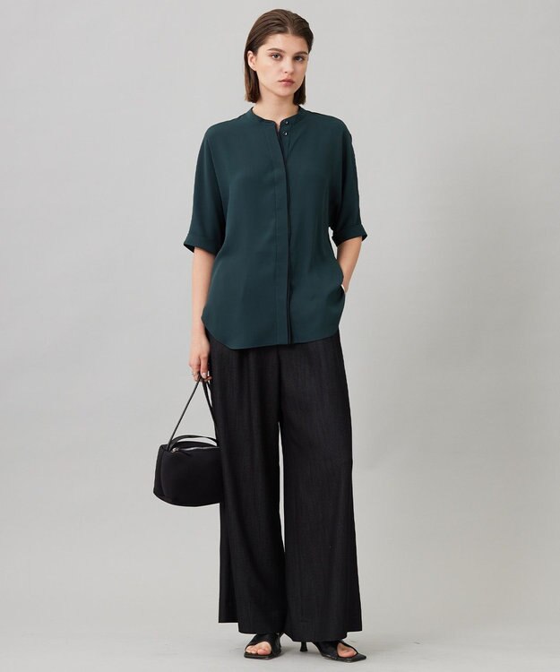 ICB L 【人気のため新色追加・接触冷感・UVケア・速乾・洗える】BackSatinAmunzen 5分袖バンドカラーブラウス ディープパイン系