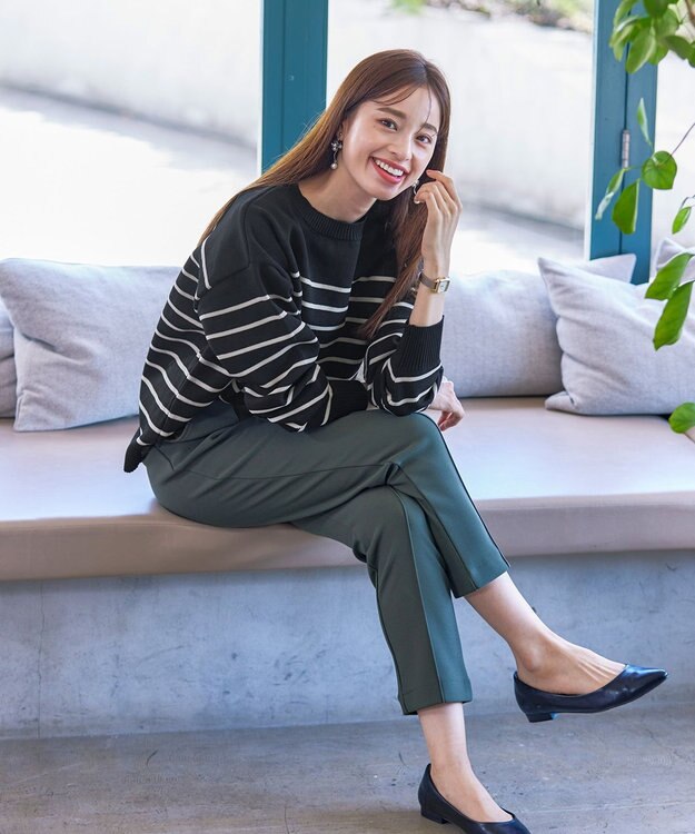 Tiaclasse 【洗える】ボーダー柄スポンジニットトップス ブラック