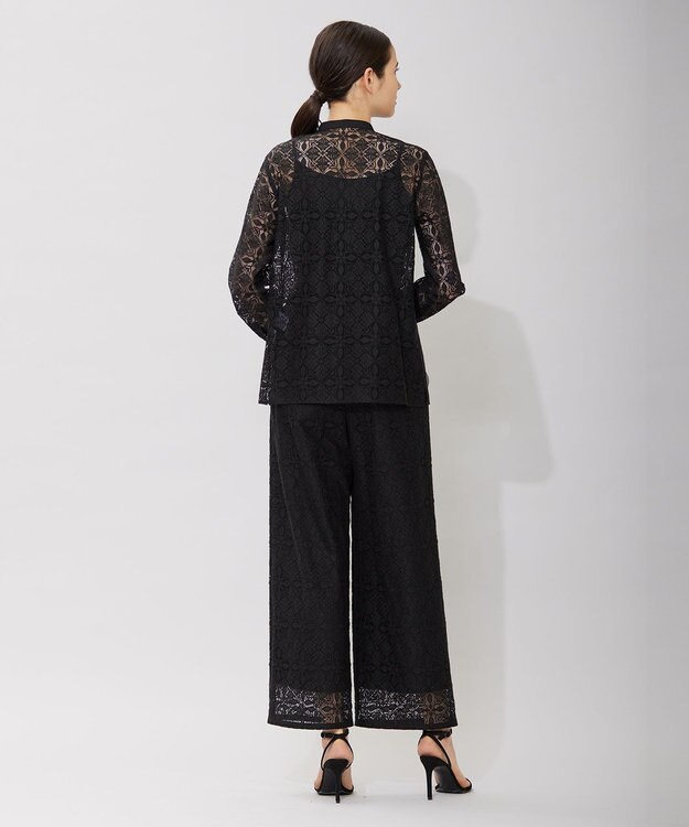 ICB 【洗える】タイルパターンレース バンドカラーシャツ ブラック系