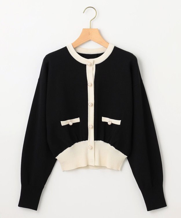 組曲 L 【WEB限定色あり】ELENA パールボタン ニットジャケット ブラック×オフ系1