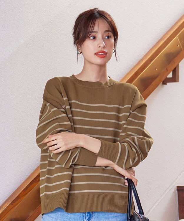 Tiaclasse 【洗える】ボーダー柄スポンジニットトップス ブラウン