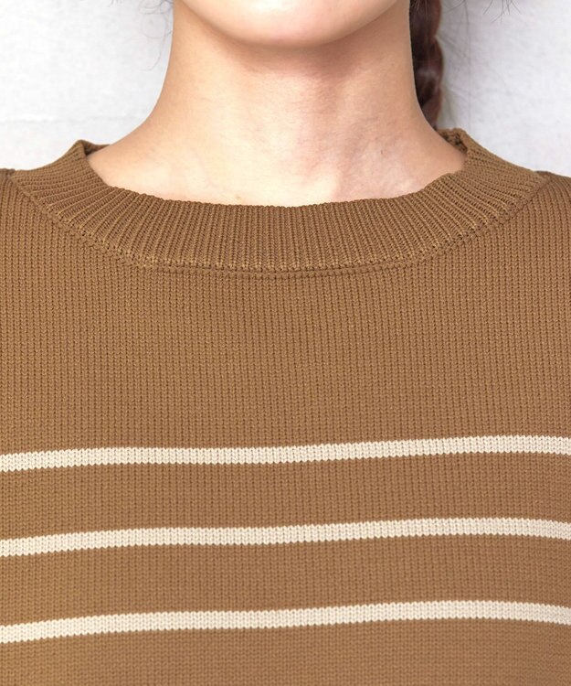 Tiaclasse 【洗える】ボーダー柄スポンジニットトップス ブラウン