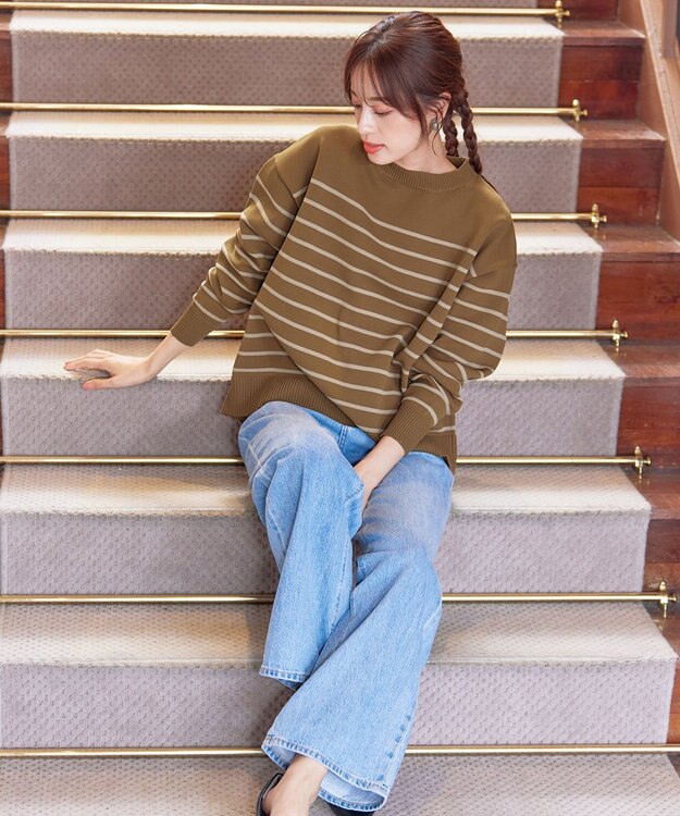 Tiaclasse 【洗える】ボーダー柄スポンジニットトップス ブラウン