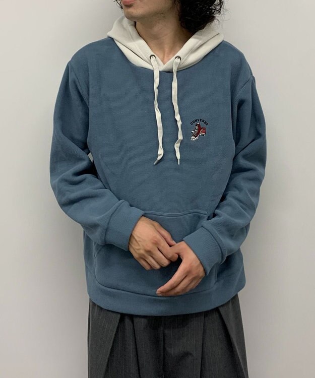 WEGO 【ユニセックス着用ITEM】ワッフルフリースOP刺繍プルパーカー サックス