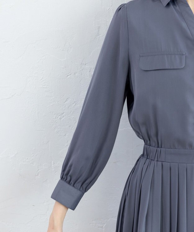 Tiaclasse 【洗える】ヴィンテージサテンシャツワンピース ブルー