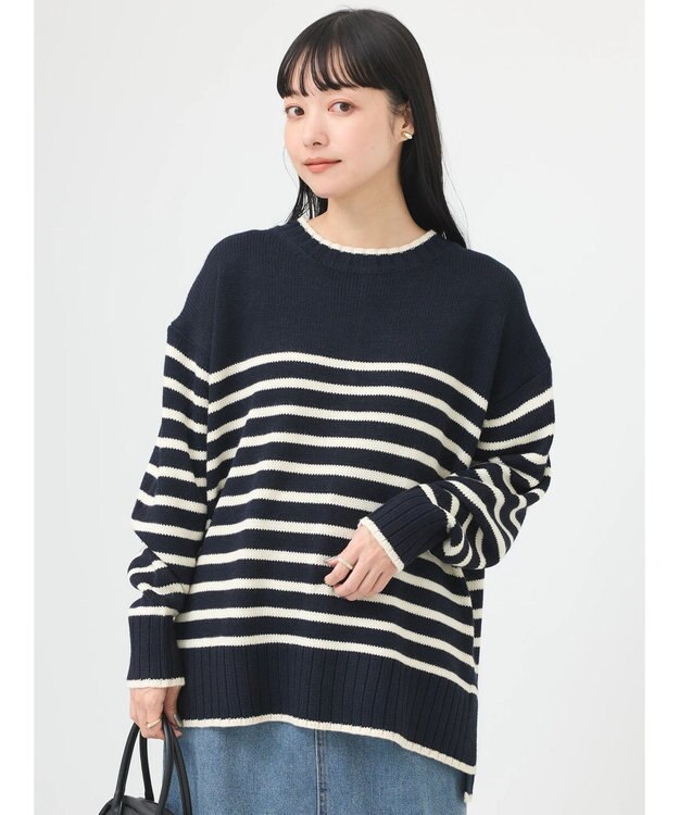 earth music&ecology ウォッシャブル脇スリットクルーネックプルオーバー Border Navy