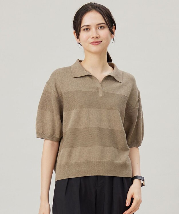 自由区 【洗える】ペーパーブレンドスキッパーポロ ニット シナモン